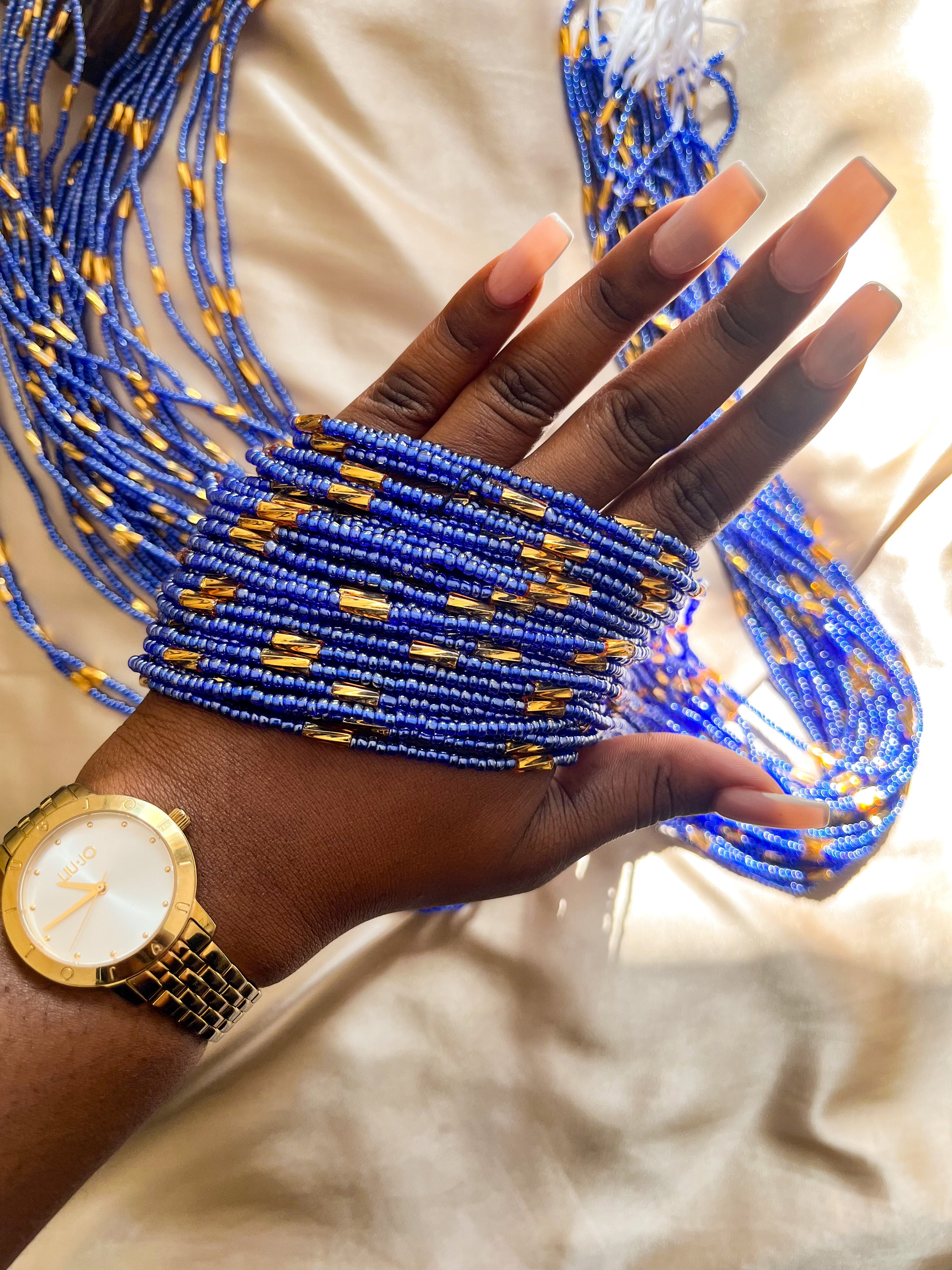 Blue and Gold Waist Beads. top view