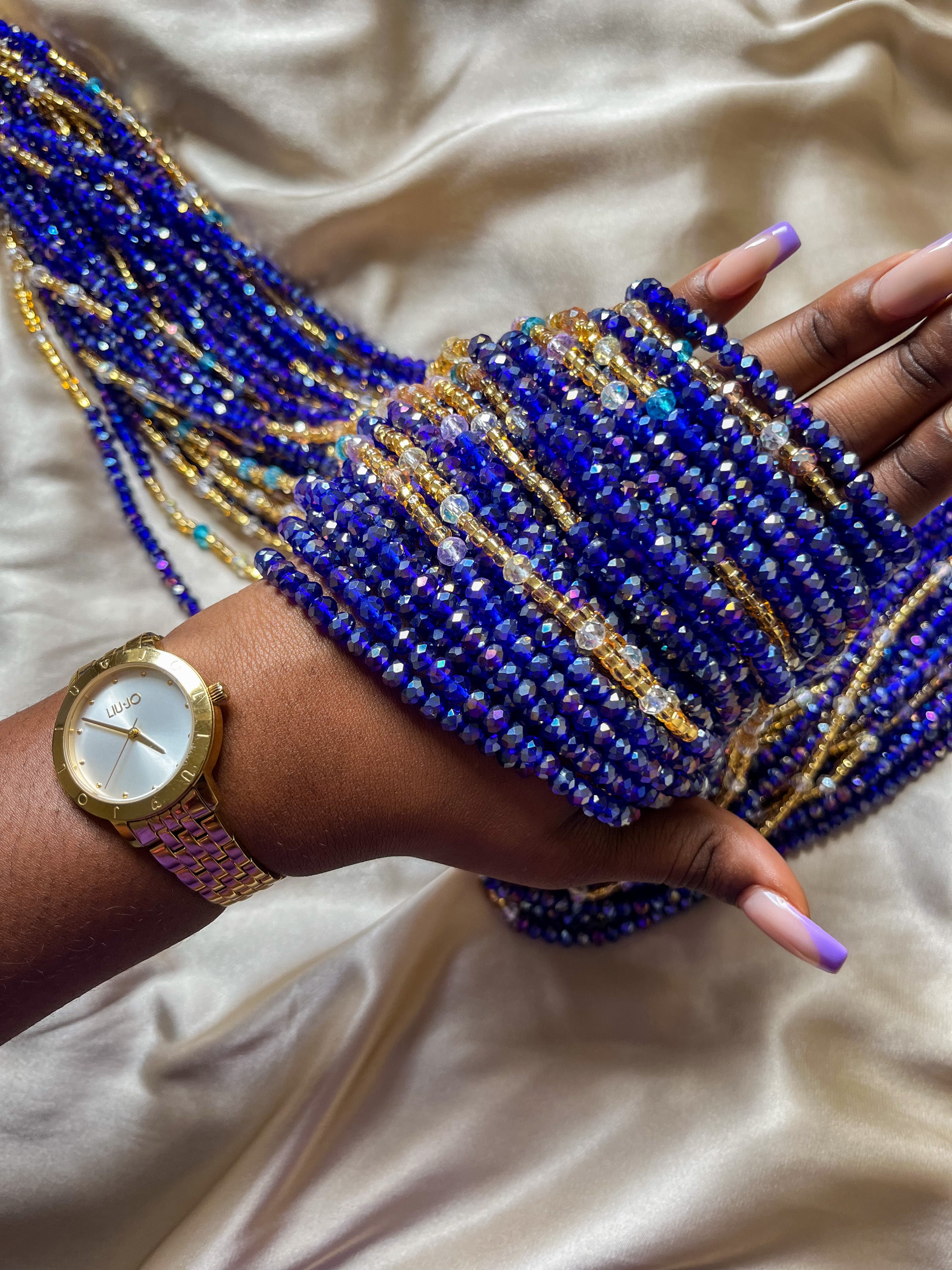 african waist beads- deep blue and gold
