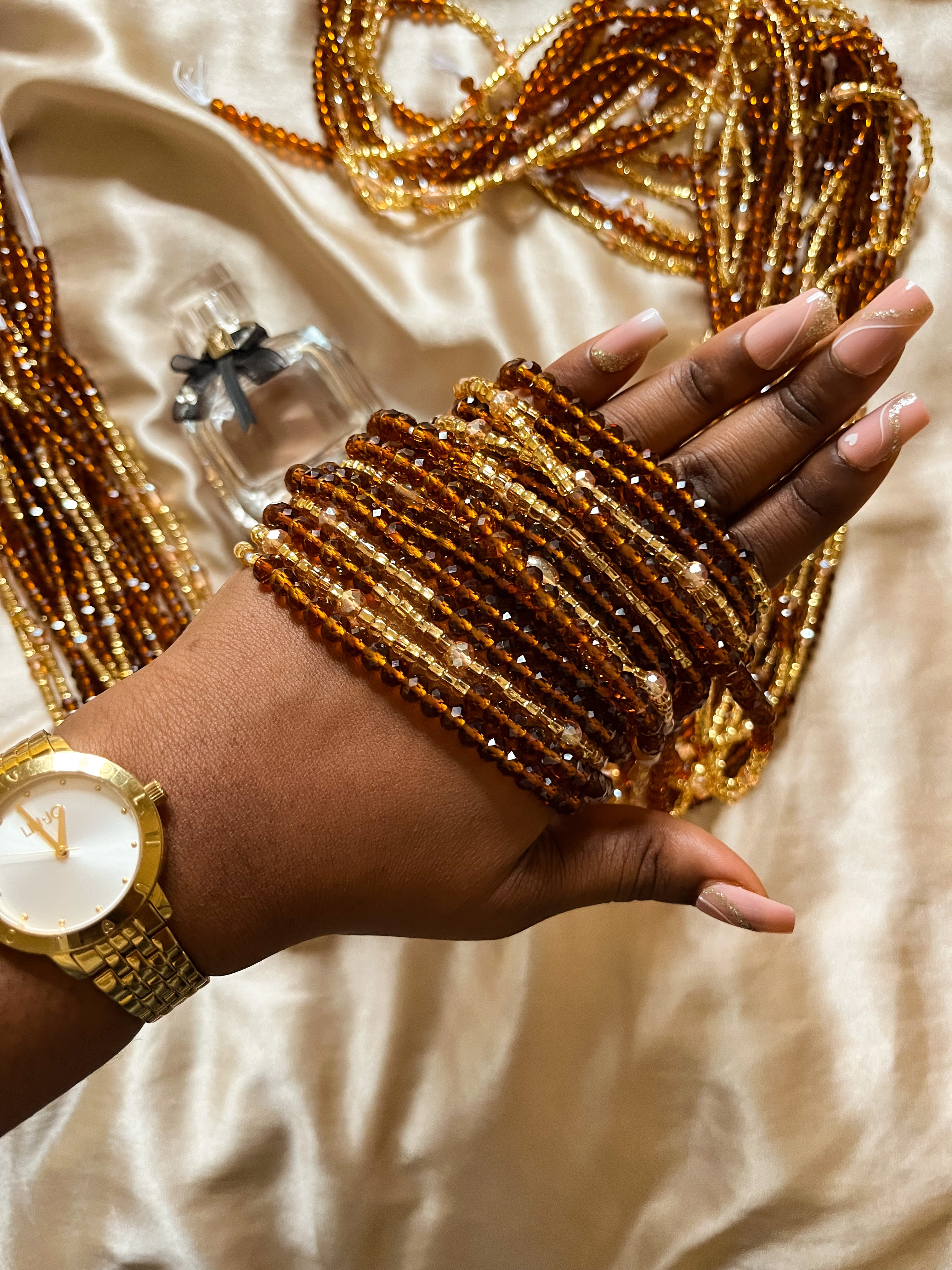 brown and gold african waist beads