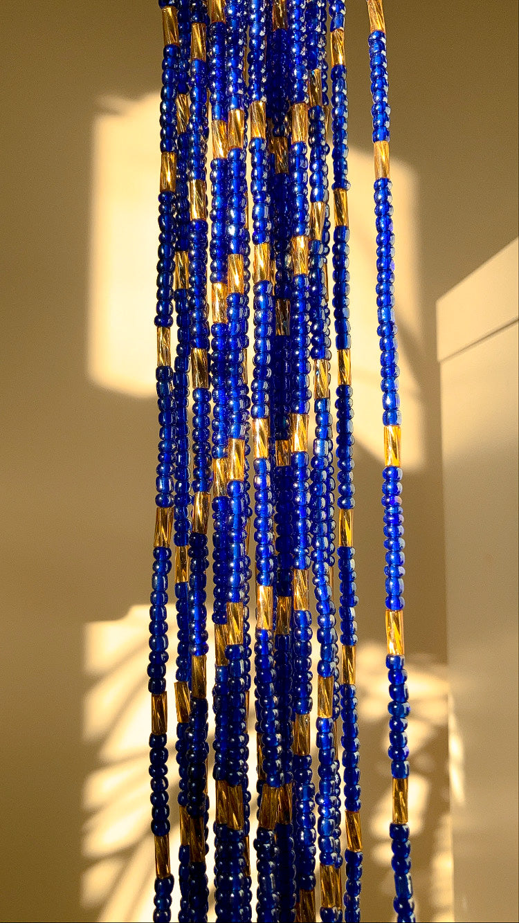 Blue and Gold Waist Beads. Close up