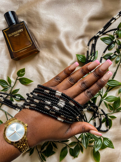 black and silver african waist beads. top view