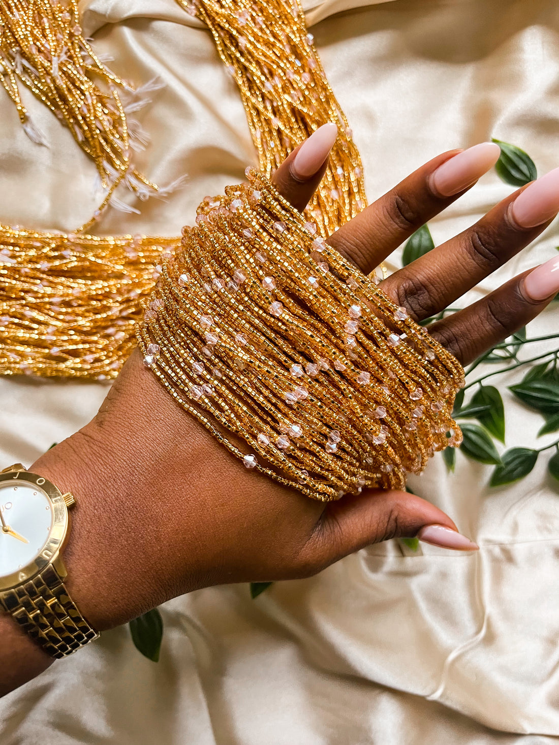 Baby Pink and gold African Waist Beads. Top view