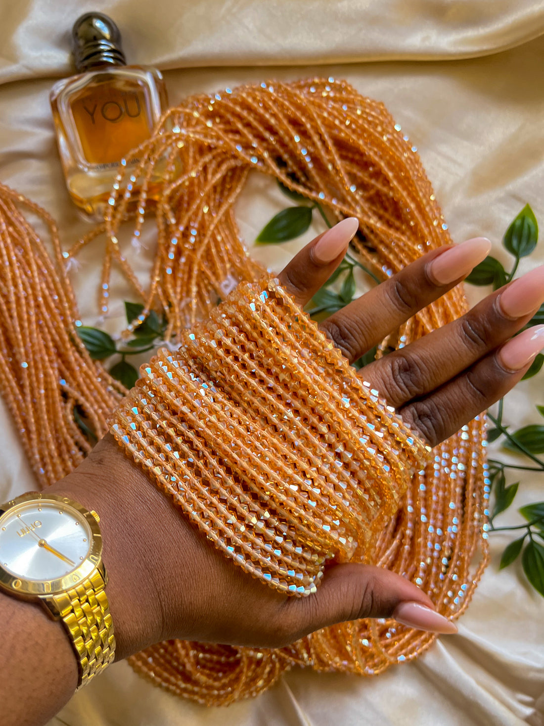 orange crystal african waist beads. Top view
