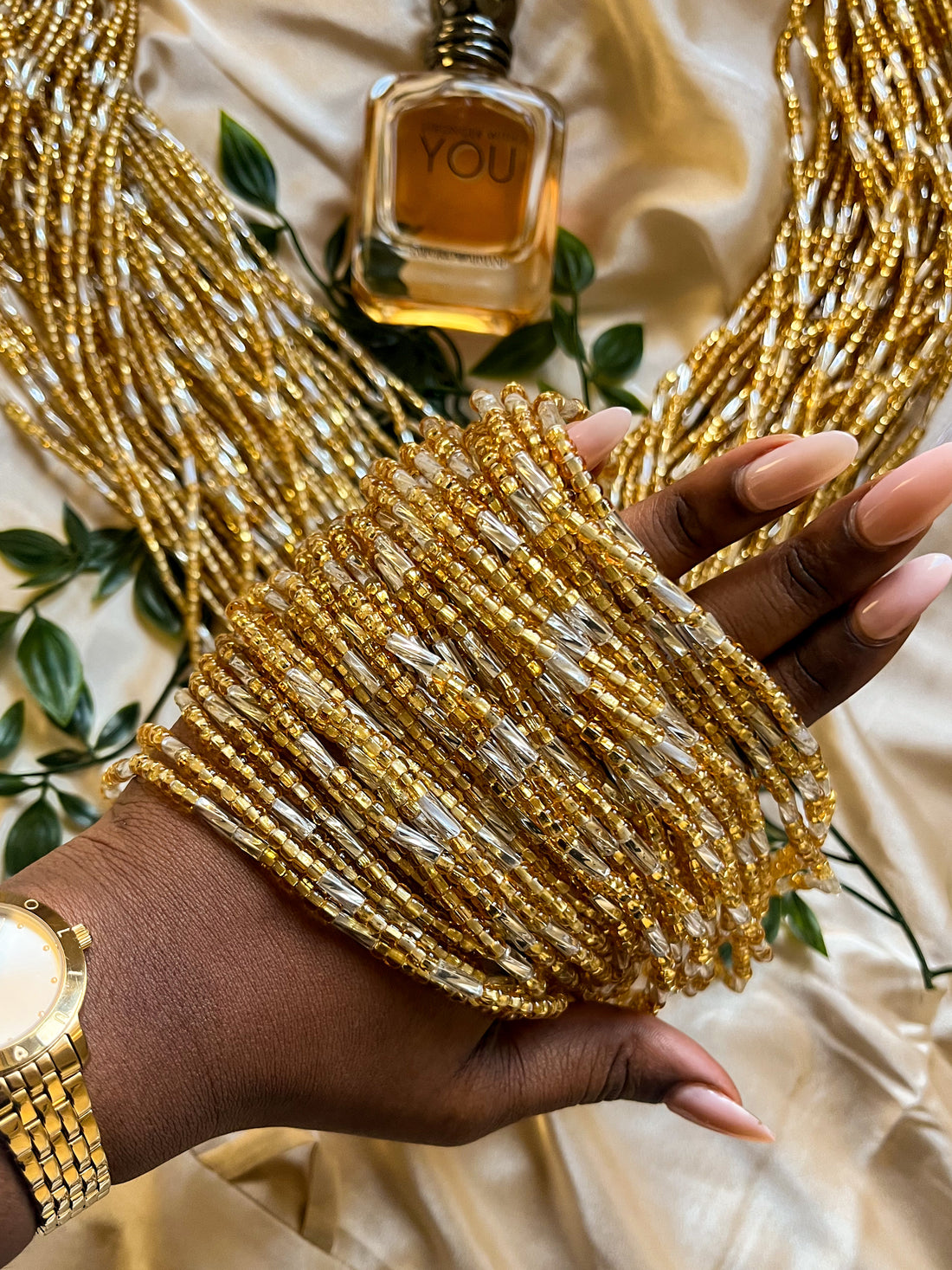 gold and silver waist beads. Top view